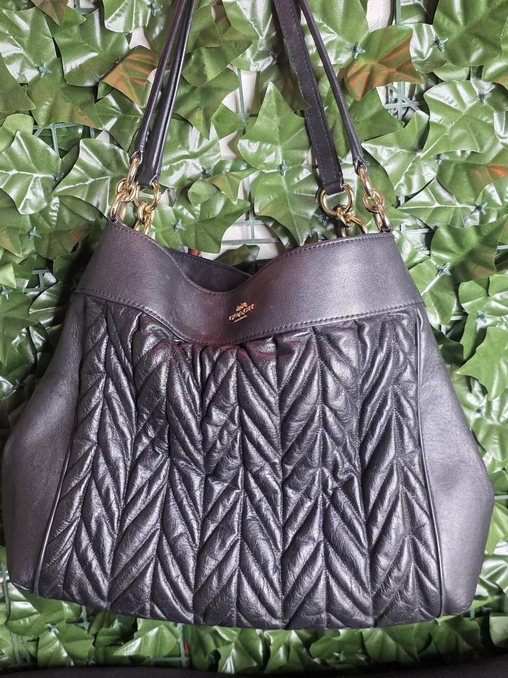 Coach Black Quilted Leather Shoulder Tote with Gold Hardware